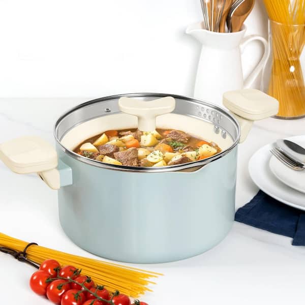 Pasta Pot Series 6 qt. Soft Aqua Aluminum Non Stick with Strainer Lid and Twist Lock, Induction Compatible, Stock Pot