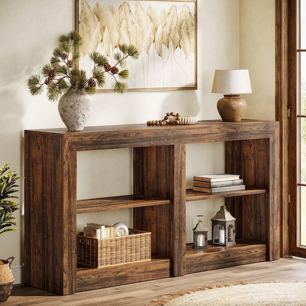 Turrella 59 in. Rustic Brown Rectangle Wood Console Table, 3-Tier Entryway Table with Storage for Entryway, Living Room