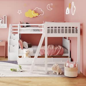 White Twin Over Full L-Shaped Bunk Bed With 3-Drawers and Staircase