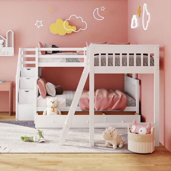Qualler White Twin Over Full L-Shaped Bunk Bed With 3-Drawers and Staircase