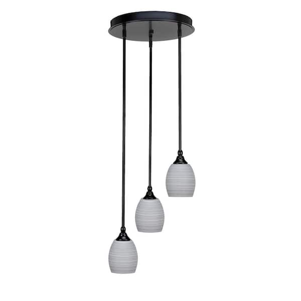Unbranded Villa 60-Watt in. 3 Light Matte Black Stem Pendant Light with 5 in. Gray Matrix Glass Shade, No bulbs included