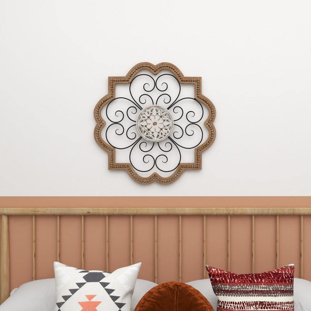 Brown and White Wooden Floral Scroll Wall Sculpture with Metal Accents