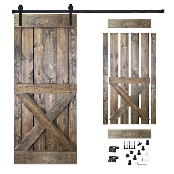 Akicon 30 in. x 84 in. Dark Brown Painted Wood Sliding Door with Hardware Kit, Pre-Drilled Ready to Assemble