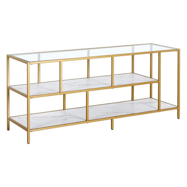 Meyer&Cross Winthrop 55 in. Brass TV Stand Fits TV's up to 60 in. with Faux Marble Shelves