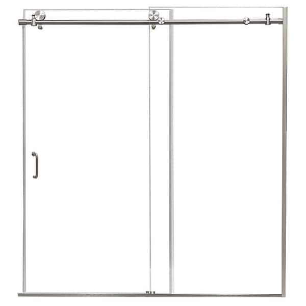CRAFT + MAIN Marina 60 in. W x 62 in. H Sliding Semi Frameless Tub Door in Brushed Nickel with Clear Glass