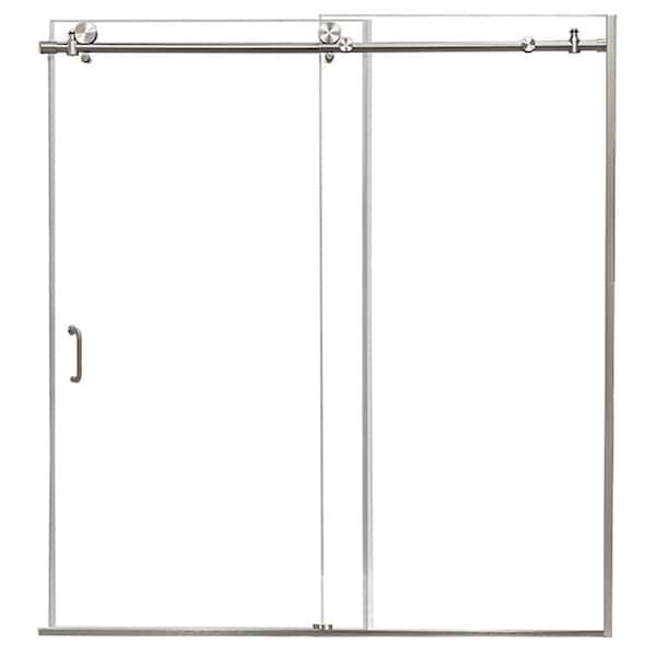 Marina 60 in. W x 62 in. H Sliding Semi Frameless Tub Door in Brushed Nickel with Clear Glass