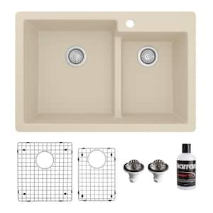 QT-811 Quartz/Granite 33 in. Double Bowl 60/40 Top Mount Drop-in Kitchen Sink in Bisque with Bottom Grid and Strainer