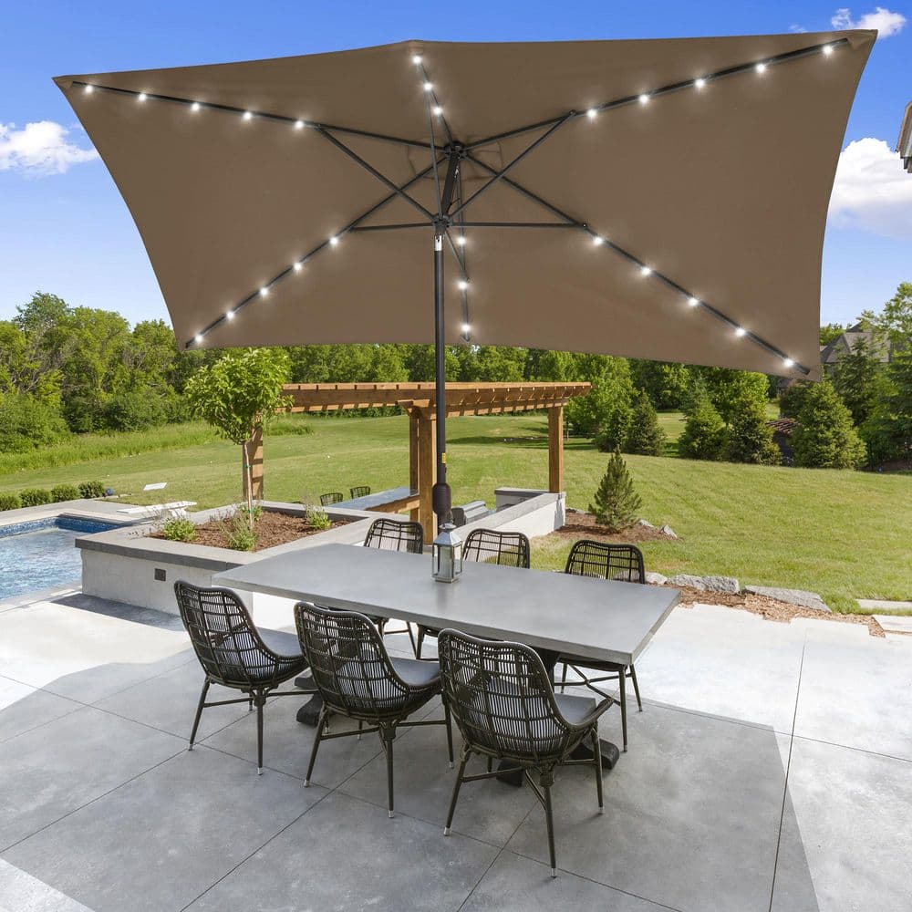 10 ft. x 6.5 ft. Solar LED Rectangle Market Aluminum Pole Patio Umbrellas with Solar Lights, Tilt Button in Taupe price history on PriceWatchPro