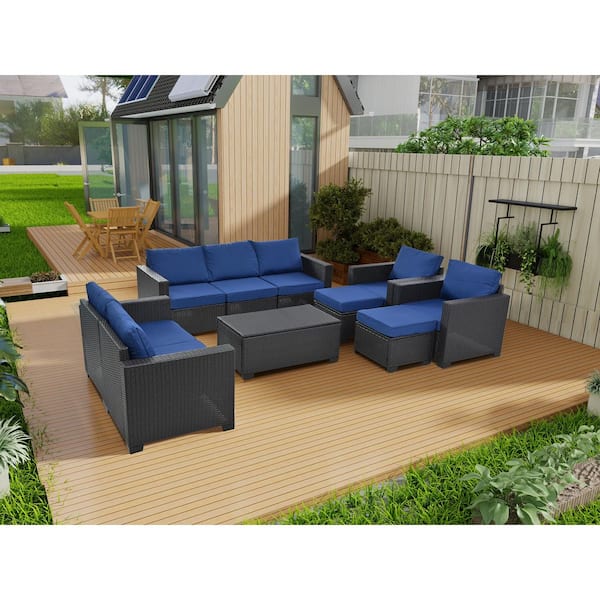 10 Piece Wicker Outdoor Sectional Set with Blue Cushions and Empered Glass Coffee Table, Patio Furniture Set