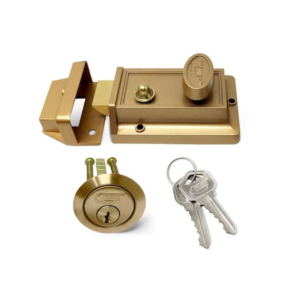 Premier Lock Bronze Laquer Single Cylinder Deadbolt Lock with Night Latch, Holdback Button Rim Cylinder and 2 KW1 Keys