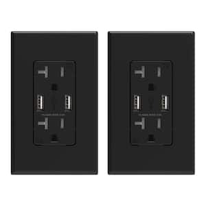4 Amp USB Dual Type A In-Wall Charger with 20 Amp Duplex Tamper Resistant Outlet, Wall Plate Included, Black (2-Pack)