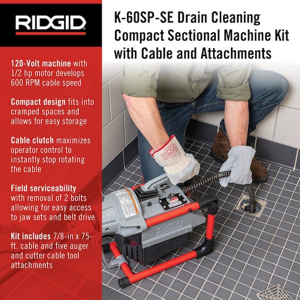 K-60SP-SE Compact Sectional Drain Cleaning Snake Auger Sewer Machine + Tool Kit and Cable Kit