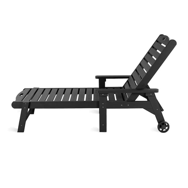 Helen Black Recycled Plastic Plywood Outdoor Reclining Chaise Lounge Chairs with Wheels for Poolside Patio (Set of 2)