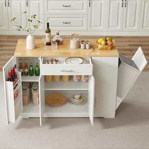 Kitchen Island White Wood 53 in. W Large Kitchen Island with Trash Can Storage Cabinet in White