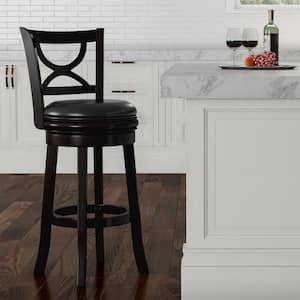 29 in. Tall High Black Back Bar Stool Faux Leather Swivel Seat for Countertop or Bar Height Wood Frame with Footrest