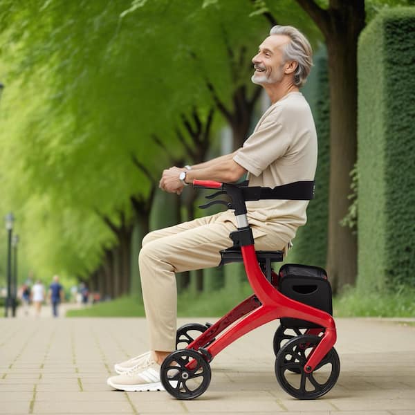 Folding Rolling Walker 300 lbs. Load 4-Wheel Rollator Mobility Walker with Handle, Storage Bag for Senior Adult, Red