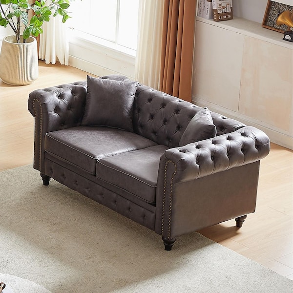 Chesterfield Couch 63.5 in. W Polyester 2-Seats Loveseat with 2-Pillows and Tech Fabric Sofa, Tufted Back in Gray-A
