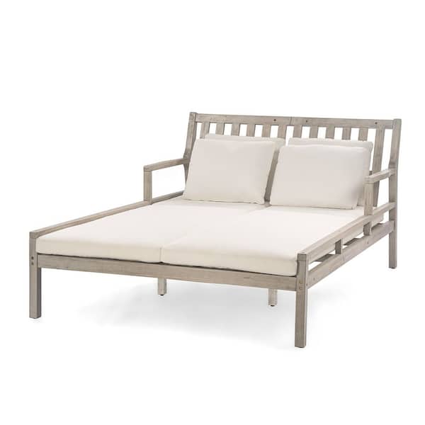 Gray Acacia Wood Outdoor Day Bed with Beige Removable Cushions, Ergonomic Design and 4-Pillows, Spacious Patio Daybed