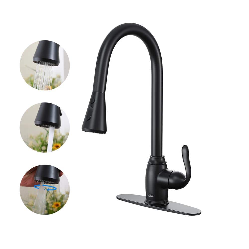 CASAINC Single Handle Pull Down Sprayer Kitchen Faucet with Three Functions Spray Head in Matte Black