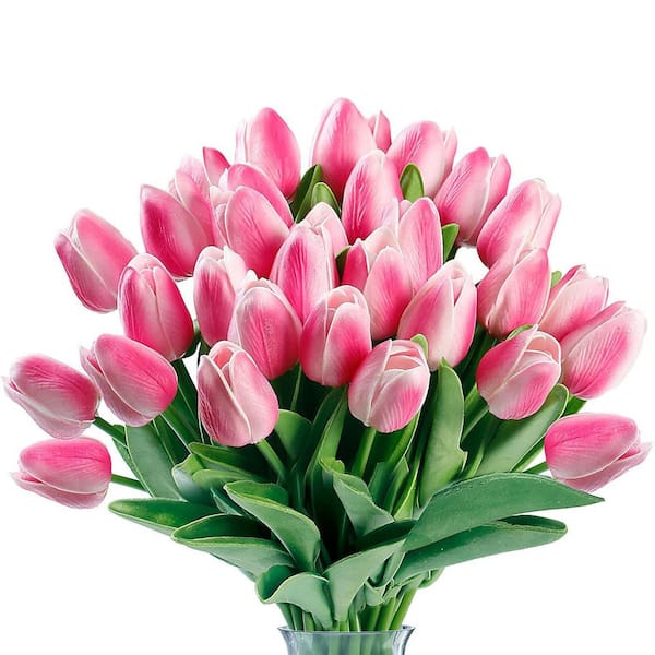 13 in. Pink Indoor Artificial Tulip Flower, Rose Pink, 30-Pieces