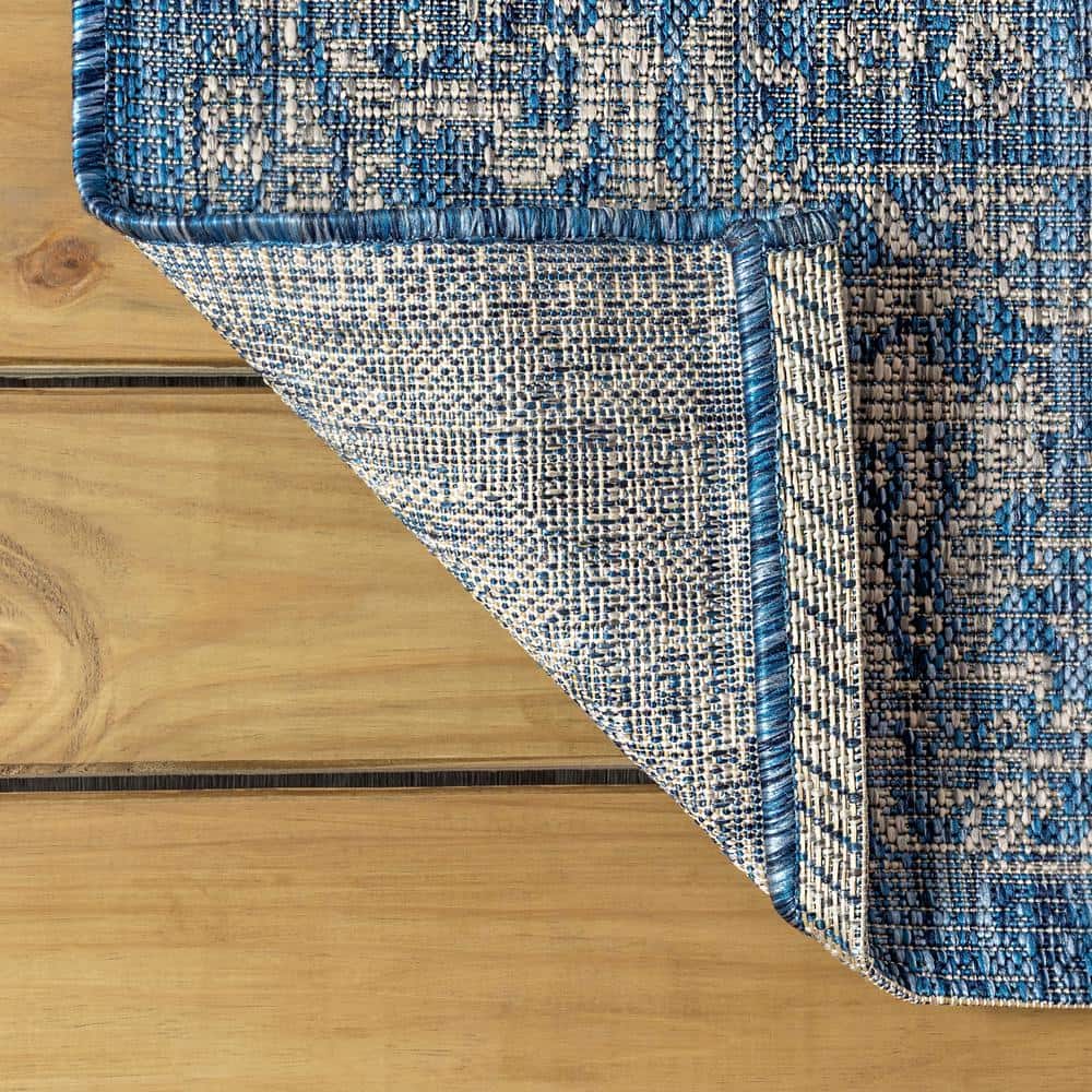 Navy and Gray Synthetic Flat Woven Runner Rug, 2'-2" x 8'