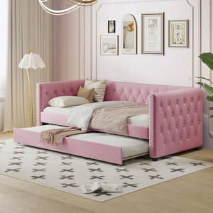 Riveted Tufted Design Pink Twin Size Velvet Daybed with a Trundle