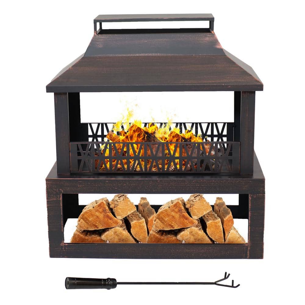 Bronze Steel Outdoor Fireplace with Log Storage and Pavilion Roof