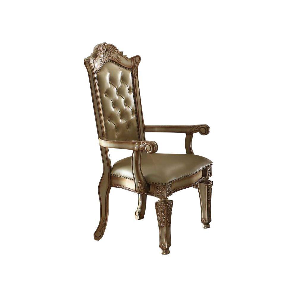 Bone Faux Leather and Gold Patina Floral Accent Chair