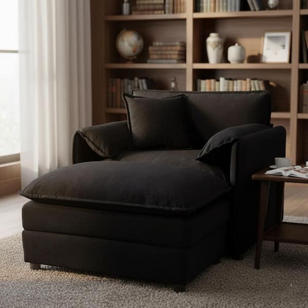 Homy Casa RKYI 57.5 in. Jet Black Chenille Oversized Accent Chair in Deep Seat, Cushioned Arms with Pillow and Modular Ottoman