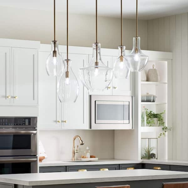 Everly 19.75 in. 1-Light Natural Brass Transitional Shaded Kitchen Bell Pendant Hanging Light with Clear Glass