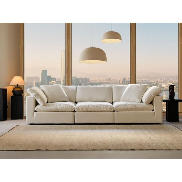 Modern 122 in. Wide Square Arm Linen Fabric Rectangle Sectional Sofa Combination Sofa 3 Seats in Pearl White