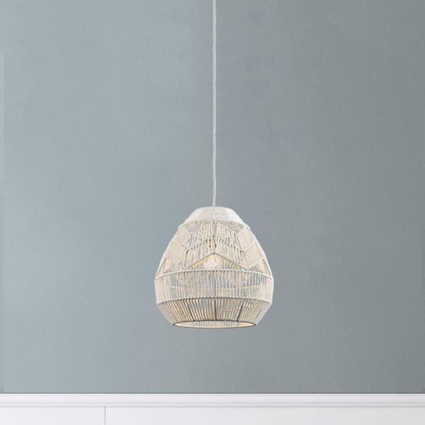 1-Light White Rope Basket Pendant Light Fixture with Woven Shade