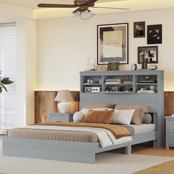 Harper & Bright Designs American Country Style Light Gray Wood Frame Queen Size Platform Bed with Storage Headboard, USB Charging