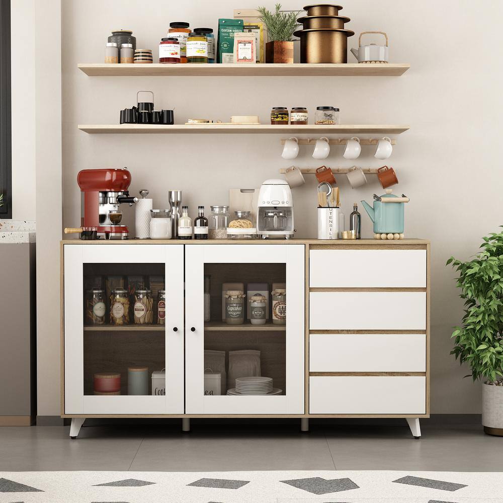 FUFU&GAGA White Wood 63 in. W Kitchen Sideboard Pantry with