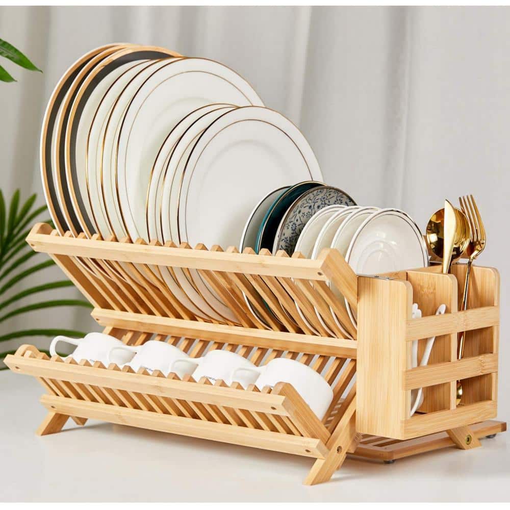 Foldable Bamboo 3-Tier Dish Rack with Utensil Holder