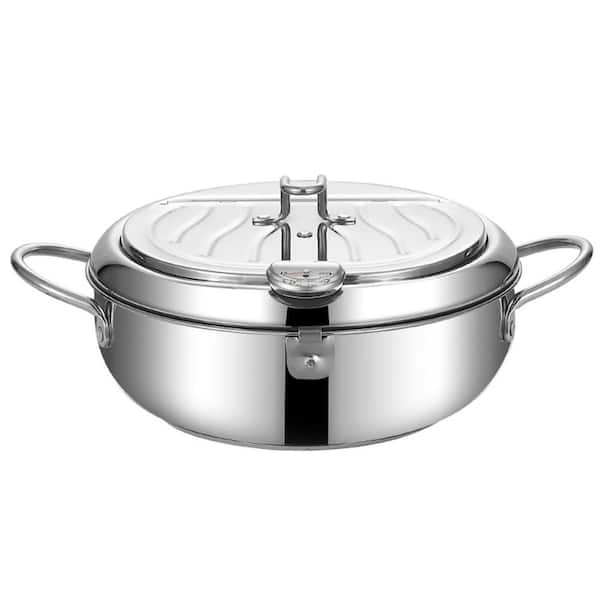 3.4 qt. Stainless Steel Stock Pot in Silver with Lid and Temperature Control Oil Drip Drainer Rack