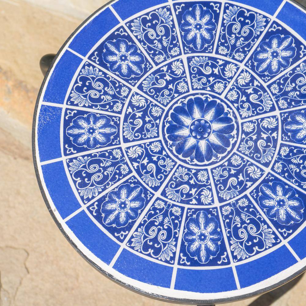 Blue and White Ceramic Tile Top Matte Black Iron Plant Stand