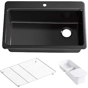 Riverby Drop-In Cast Iron 33 in. 1-Hole Single Bowl Kitchen Sink Kit with Accessories in Black Black