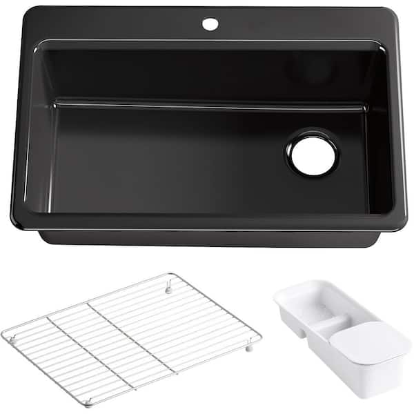 KOHLER Riverby Drop-In Cast Iron 33 in. 1-Hole Single Bowl Kitchen Sink Kit with Accessories in Black Black