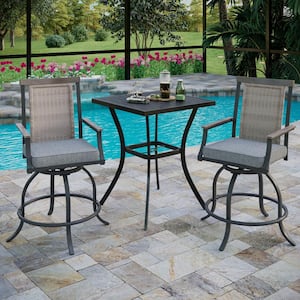 3-Piece Metal Square Outdoor Bistro Patio Bar Set with Slat Bar Table and Rattan Bistro Chairs with Gray Cushion