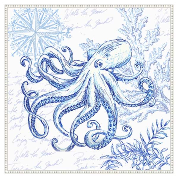 Amanti Art Coastal Sketchbook Octopus by Tre Sorelle Studios 30 in. W x 30 in. H. Canvas Wall Art Print Framed in White