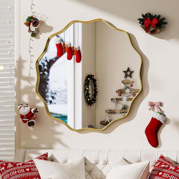 Gold 36 in. W x 36 in. H Round Modern Aluminum Alloy Deep Framed with Decorative Border Vanity Mirror Wall Mirror