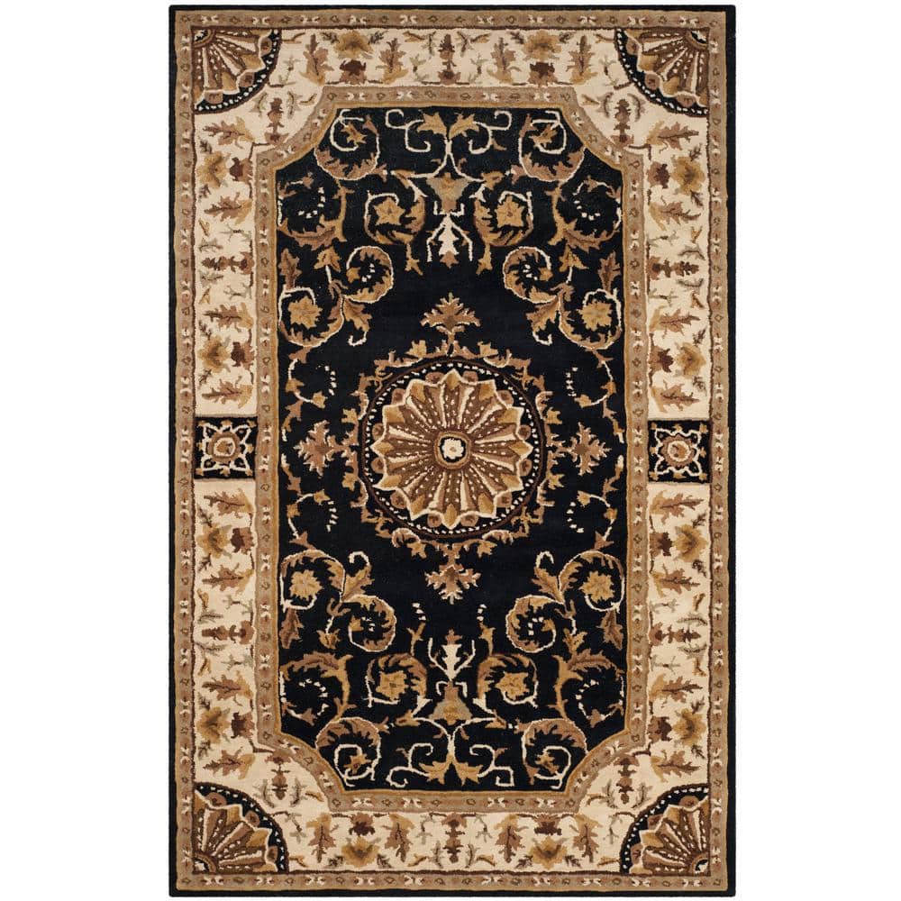 Black and Ivory Floral Wool Handmade 4' x 6' Area Rug