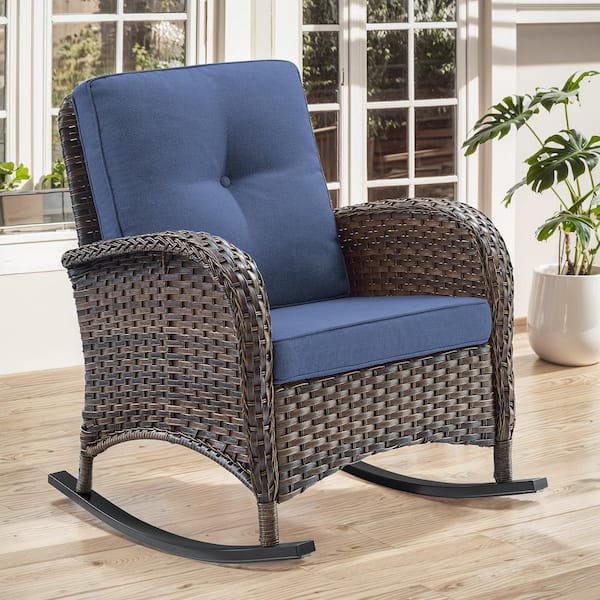 Brown Wicker Outdoor Rocking Chair with Blue Cushion (1-Pack)