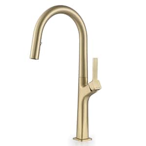 Single Handle Pull Down Sprayer Kitchen Faucet with Advanced Spray Brass Single Hole Kitchen Basin Taps in Brushed Gold