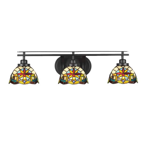 Unbranded Monroe 28.75 in. 3-Light Matte Black Vanity Light 7 in. Earth Star Art Glass Shade No Blubs Included