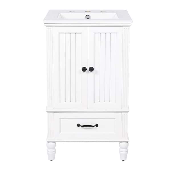 20 in. W Single Sink White Color Bath Vanity with White Ceramic Top, Two Doors and A Drawer