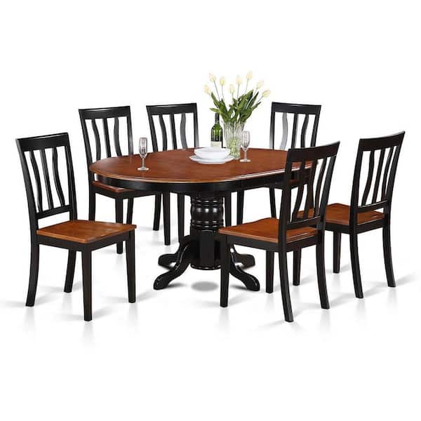 East West Furniture 7-Piece Oval Black Finish Solid Wood Top Dining Table with 6 Chairs with Lattice Back