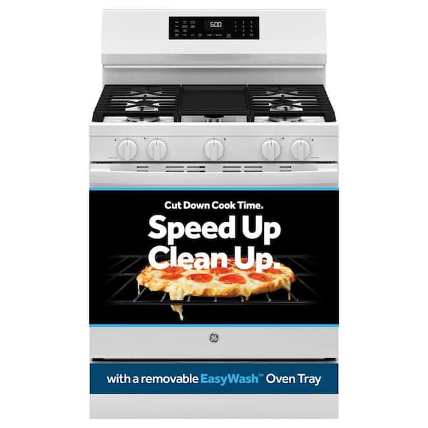 GE 30 in. 5-Burners Smart Free-Standing Gas Convection Range in White with EasyWash Oven Tray And No-Preheat Air Fry