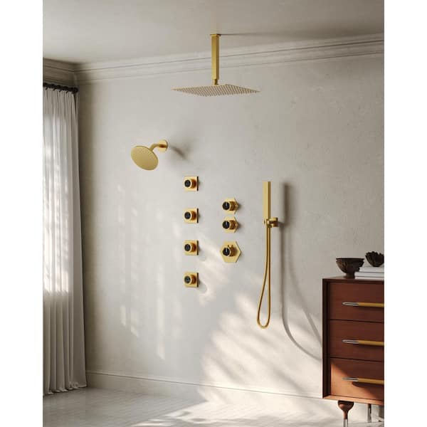 EVERSTEIN Rainfall 8-Spray Square 12 in. Dual Shower System Shower Head with Handheld in Brushed Gold (Valve Included)